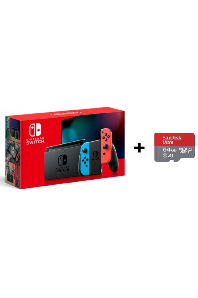 BUNDLE CONSOLE NINTENDO SWITCH NEON BLUE RED + MEMORIA 64 GB 2 ANNI DI GARANZIA