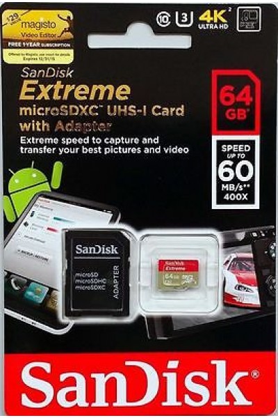 MICROSD 64 GB SANDISK EXTREME PER GOPRO CL 10 U3 OLTRE 60 MB/S 400 X ORIGINALE